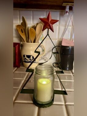 Metal Tree Candle Holder with Red Star w/ flameless candle